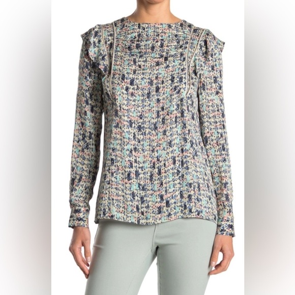 REISS | Olivia Ditsy Print Zipper Ruffle Blouse In Blue Sz‎ 12 - Picture 1 of 9